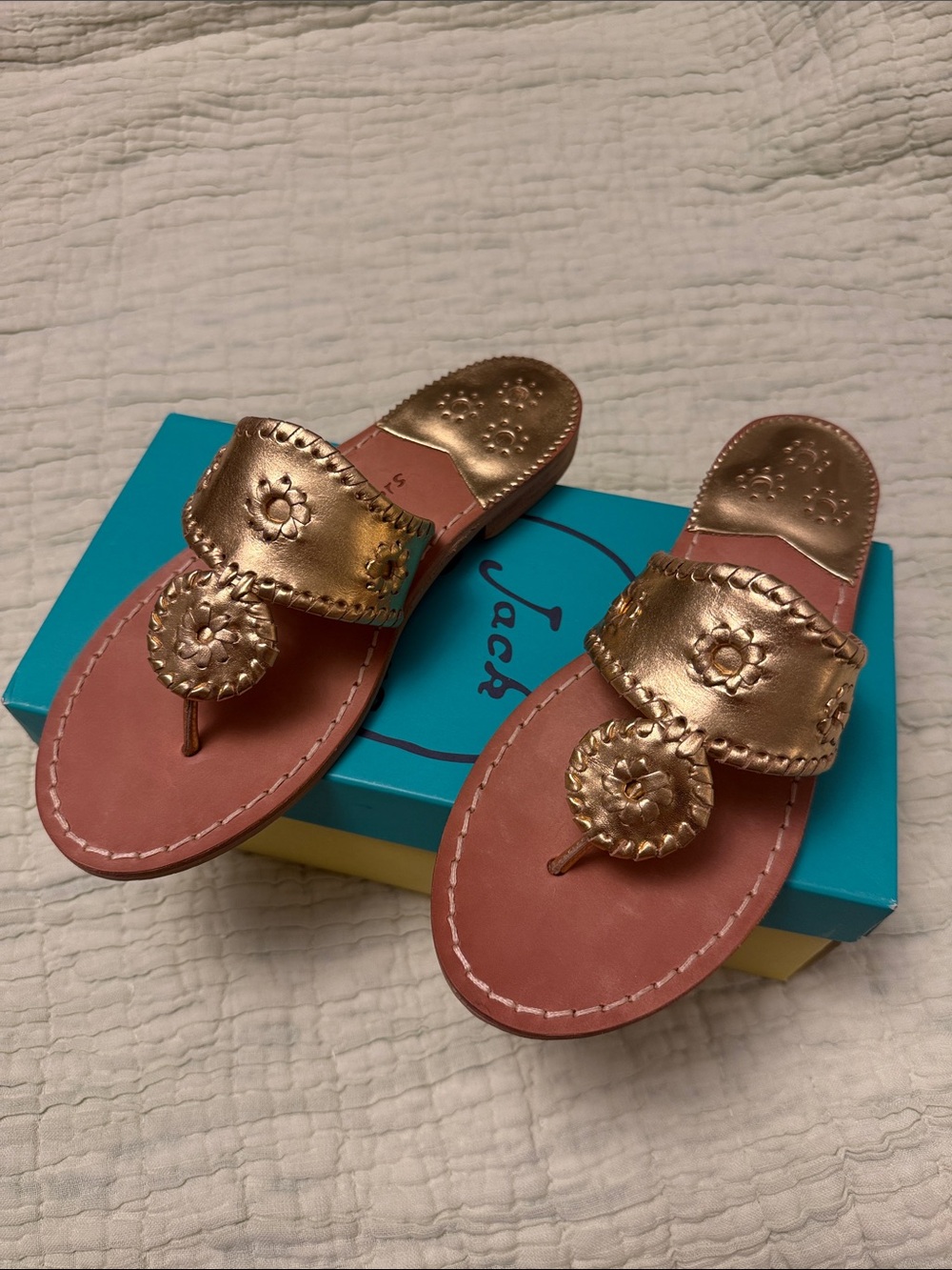 Jack Rogers Hamptons Flat Sandals, Gold Leather Thong Sandals